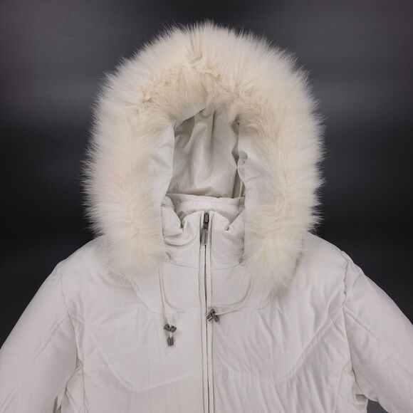 BERNARDO Fox Fur Hooded Down Puffer Coat Long Parka White Old Money Quiet Luxury - Picture 2 of 10
